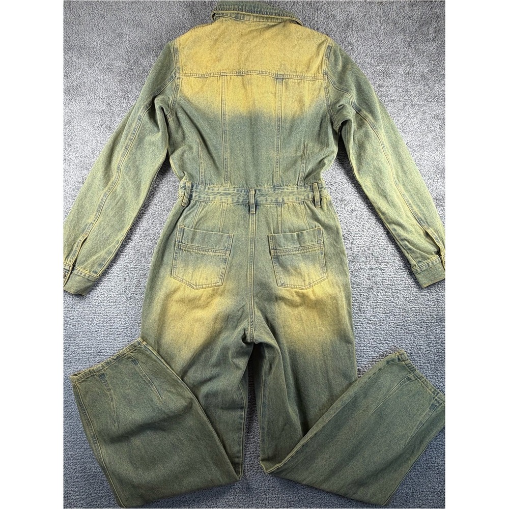 Fashion Nova Treat You Well Vintage Wash Denim Jumpsuit Green Yellow Medium NEW - Picture 4 of 10